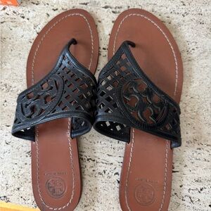 Tory Burch Black Leather Thatch Sandals